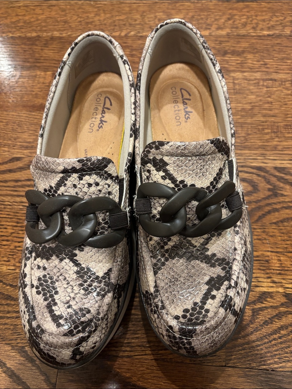 Clarks Women's Snake-Print Slip-On Platform Sneakers in Beige and Black